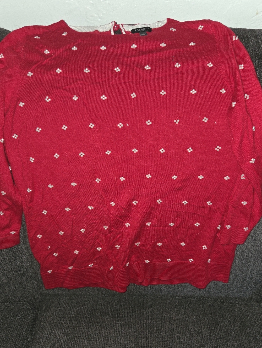 Talbots Red Crewneck Sweater with  PearlClusters